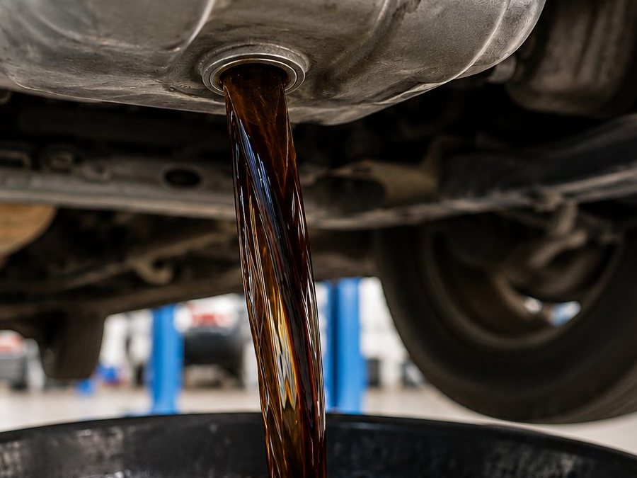 Old oil draining from a high mileage engine