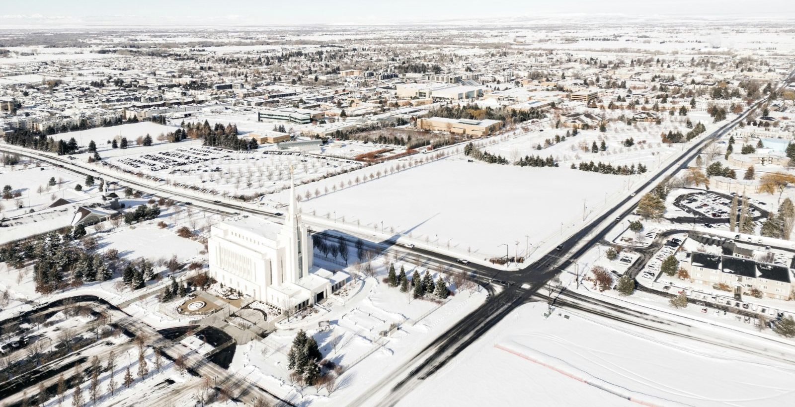 Aerial view of Rexburg, Idaho covered in snow